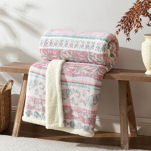 Boho Chic Sherpa Fleece Throw Blanket with Ultra-Soft Cozy Lining,Bohemian Patterned Throws for Sofa,Couch,Bed - color: Boho-pastel Pink, size: 60" x 80"