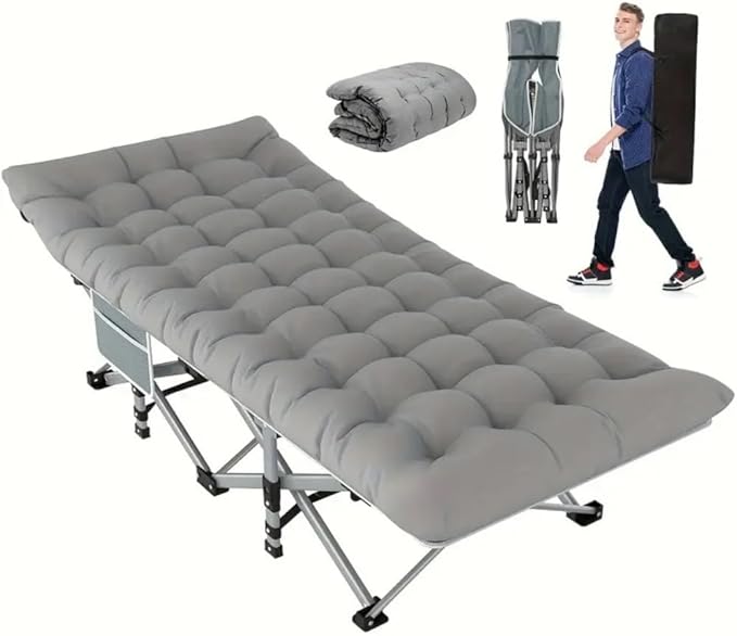 Comfortable and Soft Folding Bed, Portable Camping cot with Side Pockets and Mattress, Extra-Thick Oversized Folding Bed, Weight Capacity of 500/600/700 lbs (Grey 700lbs)