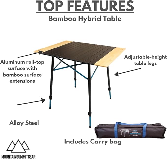 MOUNTAIN SUMMIT GEAR Bamboo/Aluminum Roll-Top Camping Table - Hybrid and Portable Aluminum-Top/Bamboo Folding Table with Adjustable Height Steel Frame by Caddis Sports
