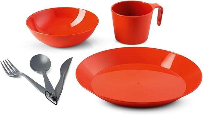 GSI Outdoors Cascadian 1 Person Table Set I 6-Piece Camping, Backpacking Mess Kit, Plastic BPA Free, Plate, Bowl, Mug, Cup & Cutlery Set