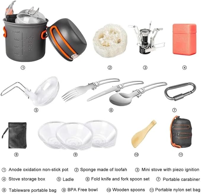 5pcs -20pcs Set TMKOOL Camping Cookware Mess Kit Outdoor Hiking Backpacking Picnic Cooking Bowl Non Stick Pot