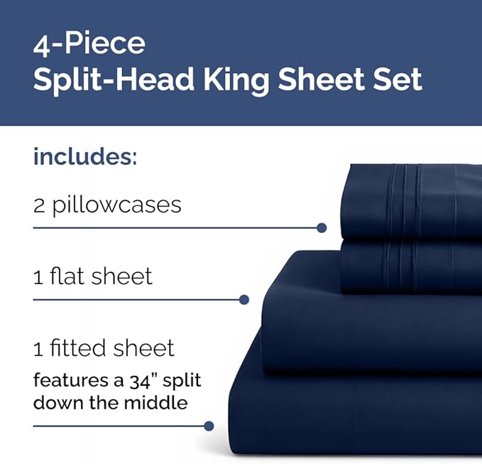 Flex Top Split Head King 4 Piece Sheet Set - Comfy Breathable & Cooling Bed Sheets Set - Hotel Luxury Bedding for Women, Men, Kids, Teens, Boys & Girls - Deep Pockets, Soft and Oeko-Tex - Navy Blue