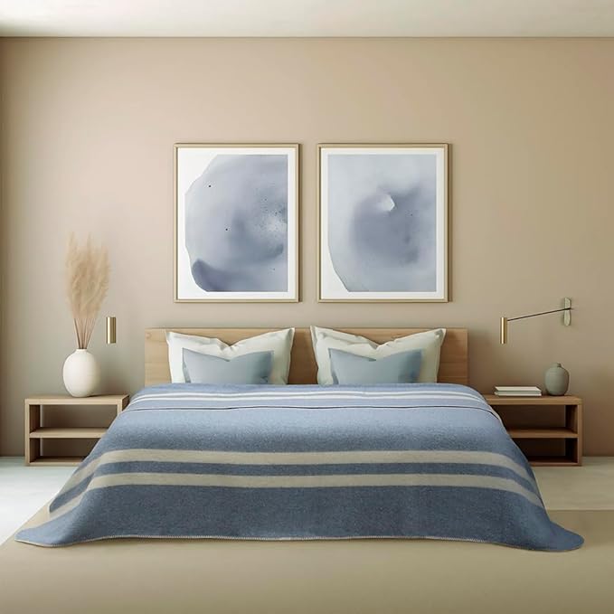 Thick Alpaca Wool Blanket Heavyweight for Camping Outdoors or Using Indoors | Soft Peruvian Alpaca Wool Blankets (Soft Blue - Ivory Stripes 2, Queen)