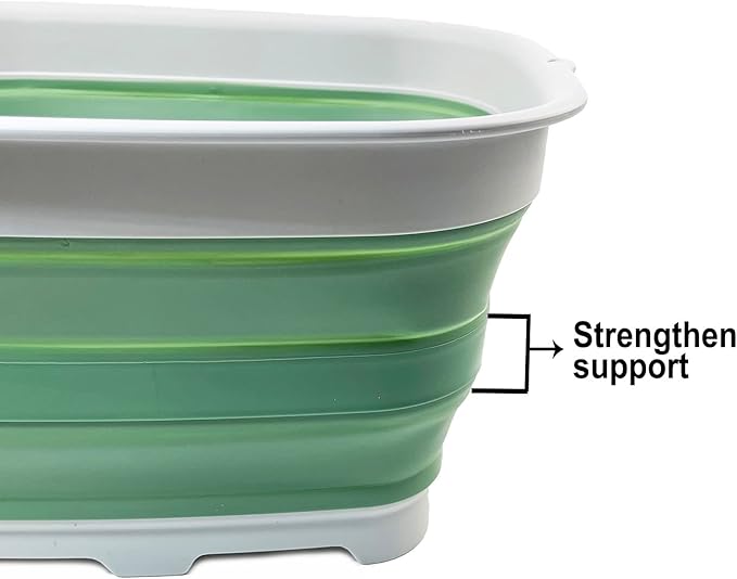 SAMMART 15L (3.9 Gallon) Collapsible Dishpan with Draining Plug-Foldable Washing Basin-Portable Dish Washing Tub - Camping & Space Saving Kitchen Storage Tray (Steel Blue + Dark Sea Green (Set of 2))