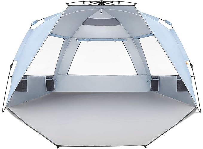 Easthills Outdoors Instant Shader Enhanced Deluxe XL Beach Tent Easy Setup 4-6 Person Popup Sun Shelter 99" Wide for Family UPF 50+ Double Silver Coating with Extended Zippered Porch Sky Blue