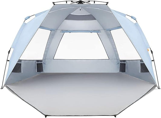 Easthills Outdoors Instant Shader Enhanced Deluxe XL Beach Tent Easy Setup 4-6 Person Popup Sun Shelter 99" Wide for Family UPF 50+ Double Silver Coating with Extended Zippered Porch Sky Blue