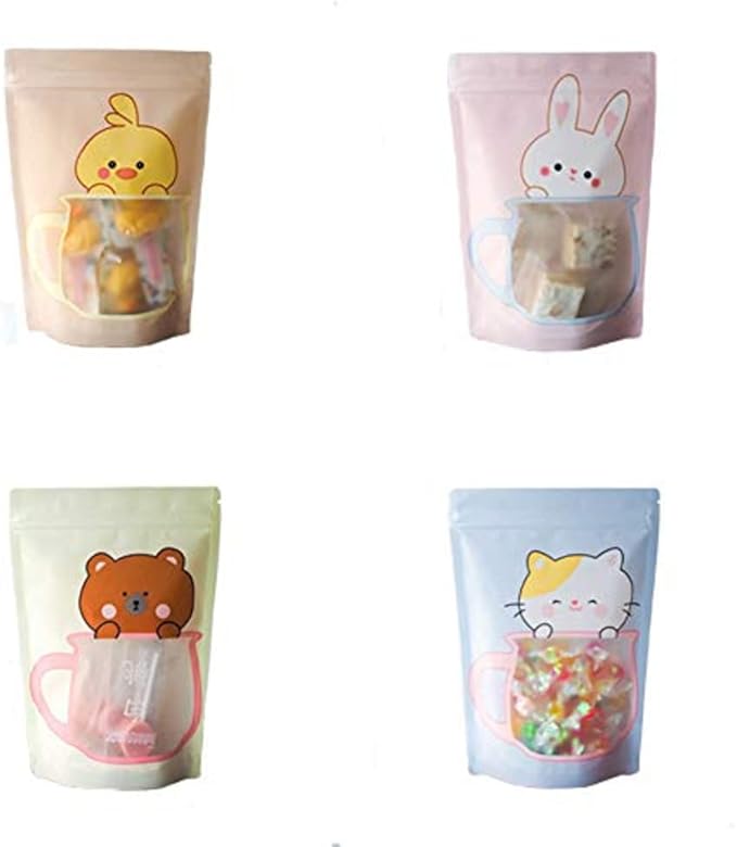 100 Pieces Resealable Cartoon Stand Up Plastic Smell Proof Zip Lock Packaging Bags for Food Storage Package Pouches (4-in-1,5.1x7.1 Inch)
