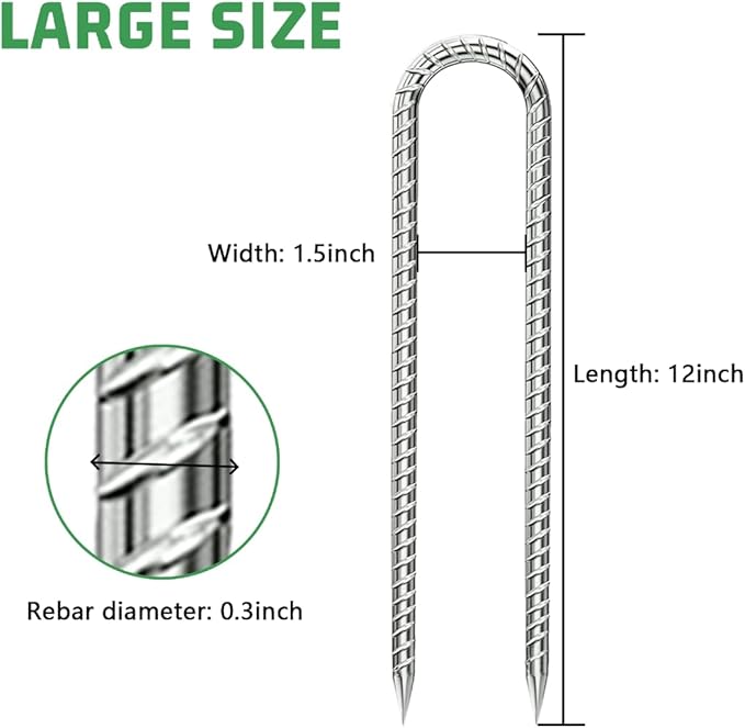 Rebar-Stakes-12-Inch, Ground Stakes Heavy Duty U-Hook Galvanized Anti-Rust Heavy Duty Ground Anchors for Garden Dog Fence Chicken Coop Christmas Decorations Deer Fence 12pcs