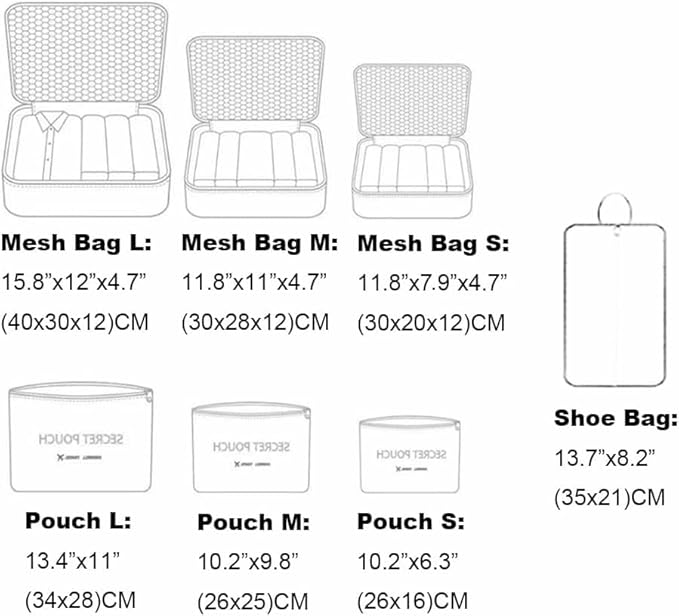 7 Set Packing Cubes Packing Organizers for Suitcase Travel Luggage Organizers with Shoes Bag for Suitcase Travel Accessories, Navy Blue