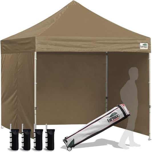 Eurmax USA 8'x8' Pop-up Canopy Tent Commercial Instant Canopies with 4 Removable Zipper End Side Walls and Roller Bag, Bonus 4 SandBags(Khaki)