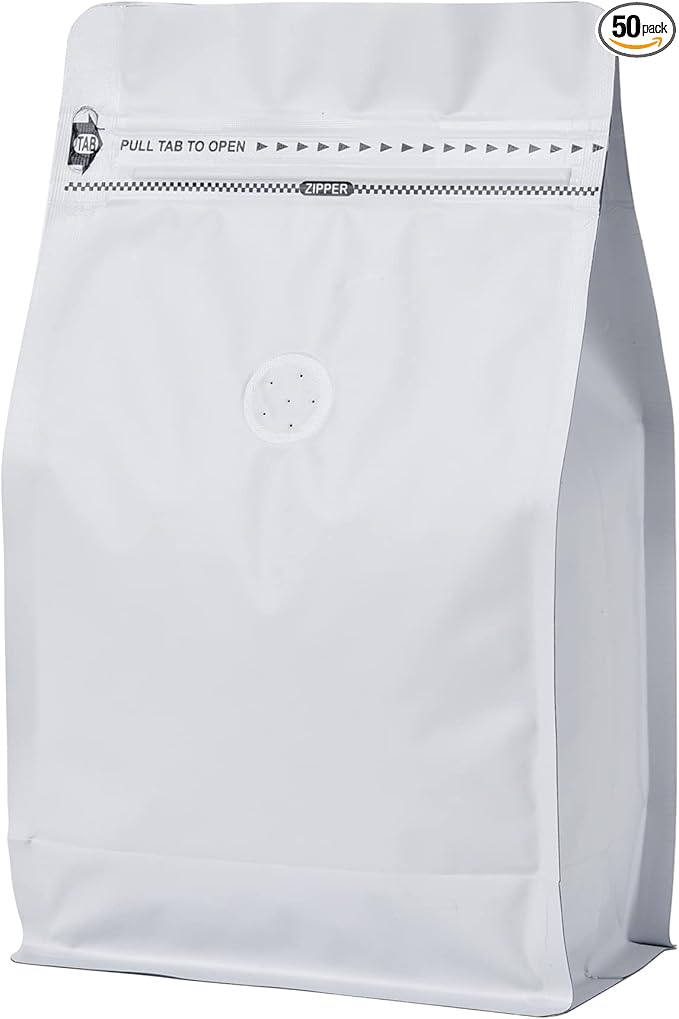 50 Pack Coffee Bags with Aluminum Foil and Degassing Valve, Resealable High Barrier Storage Bags, Odor-Proof for Coffee Beans, Stand Up Coffee Pouch, Flat Bottom (Small-8OZ, White)