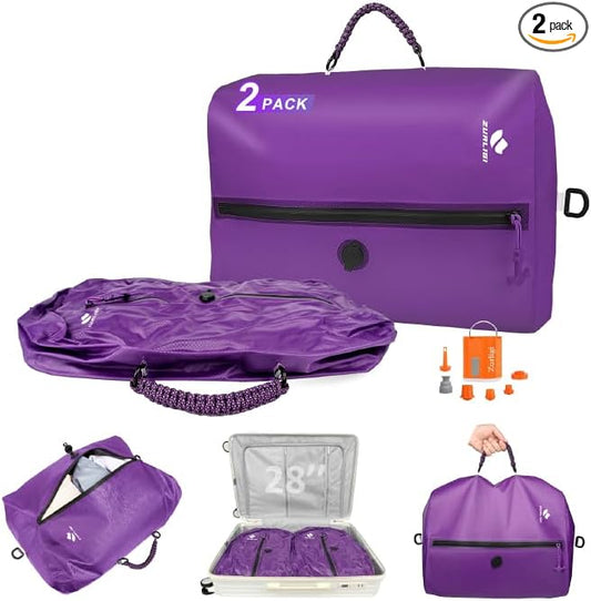 Zurligi Travel Vacuum Compression Bags with Removable Handle & Mini Pump – 39L Reusable IPX8 Waterproof Vacuum Packing Cubes, Vacuum Seal Bags for Clothes, Suitcase & Backpack(2-Pack Purple)