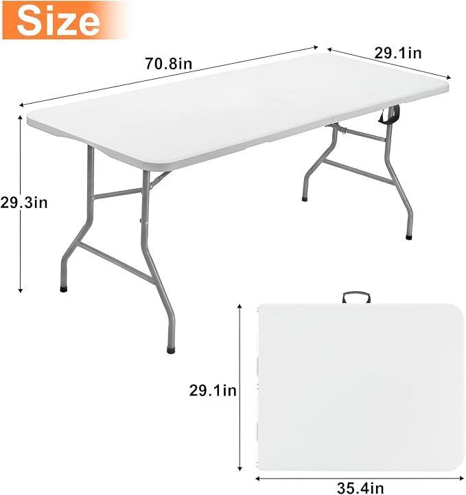 SKOK 330lbs Folding Picnic Table 6 Foot, 6FT White Plastic Picnic Table Portable with Carry Handle, White Tailgating Utility Commercial Craft Table with Heavy Duty Frame for Party