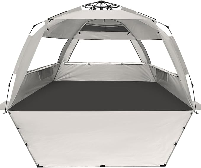 WhiteFang Deluxe Pop Up Beach Tent Sun Shade Shelter for 3-4/5-6 Person, UV Protection, Extendable Floor with 3 Ventilating Windows Plus Carrying Bag, Stakes, and Guy Lines