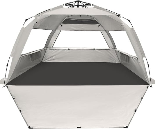WhiteFang Deluxe Pop Up Beach Tent Sun Shade Shelter for 3-4/5-6 Person, UV Protection, Extendable Floor with 3 Ventilating Windows Plus Carrying Bag, Stakes, and Guy Lines