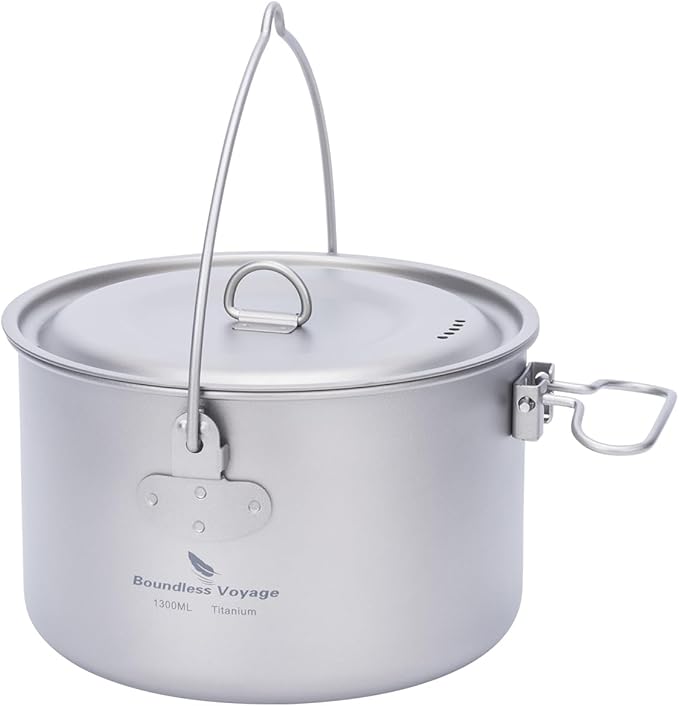 Boundless Voyage Titanium Hanging Pot for Outdoor Camping Backpacking Hiking Ultralight Portable Cooking Pot Camp Kitchen Cookware 1300ML/1950ML/2900ML