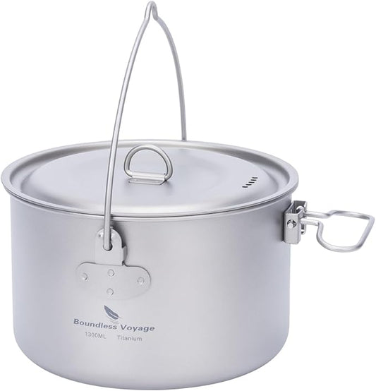 Boundless Voyage Titanium Hanging Pot for Outdoor Camping Backpacking Hiking Ultralight Portable Cooking Pot Camp Kitchen Cookware 1300ML/1950ML/2900ML