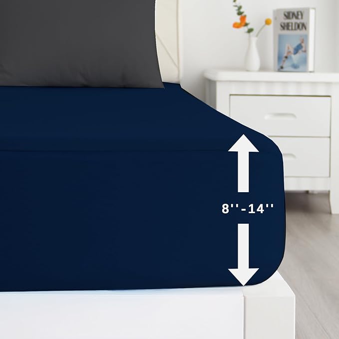 Biloban Twin XL Fitted Sheet 2 Pack, Twin XL Bedding Fitted Sheets Only with Deep Pocket up to 14", Bottom Sheet, Shrinkage & Stain Resistant Fitted Bed Sheets, Wrinkle Free & Easy Care, Navy Blue