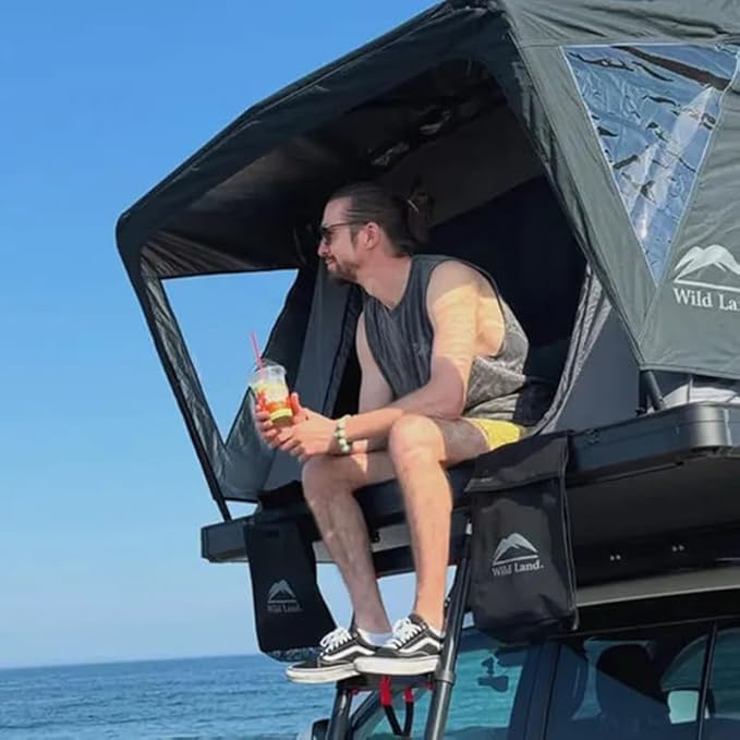 Rooftop Tent Hard Shell Aluminium Overland Roof Top Tent, Large Space, LED Strip Light Skyview Window, Waterproof UV-Resistant All-Weather, Suitable for Car Jeep SUV Truck Van Camping, 4 People