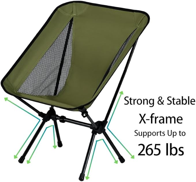 Lightweight Portable Essential Folding Camping Chair,Sturdy with X-Frame,120kg Capacity,Foldable with Carry Bag,Quick Setup for Outdoor,Hiking,Beach,Backpacking and Lawn(Avocado Green)