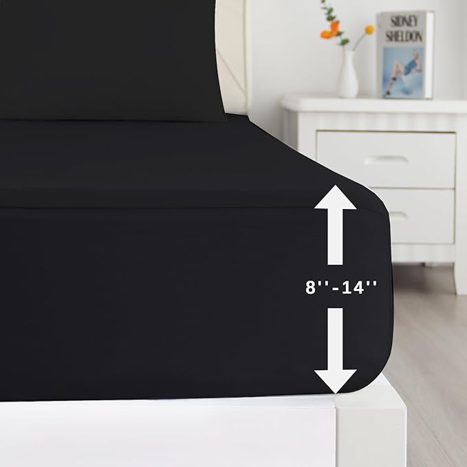 Biloban Twin Fitted Sheet 2 Pack, Twin Bedding Fitted Sheets Only with Deep Pocket up to 14", Bottom Sheet, Shrinkage & Stain Resistant Fitted Bed Sheets, Wrinkle Free & Easy Care, Black