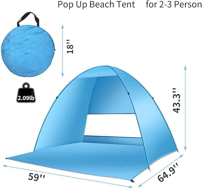 Pop Up Beach Tent –for 2-3 Person UPF 50+ UV Sun Protection Beach Shade Tent Pop Up Sun Shelter with Carry Bag and Stakes for Beach, Park, Camping (Large)