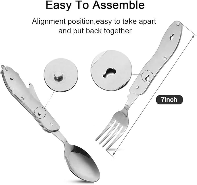 2Pcs Detachable Camping Utensils Cutlery Set, Caudblor Portable 4 in 1 Stainless Steel Travel Utensil, Foldable Knife Fork Spoon Bottle Opener, Multi Function Eating Flatware Tableware(Green Black)