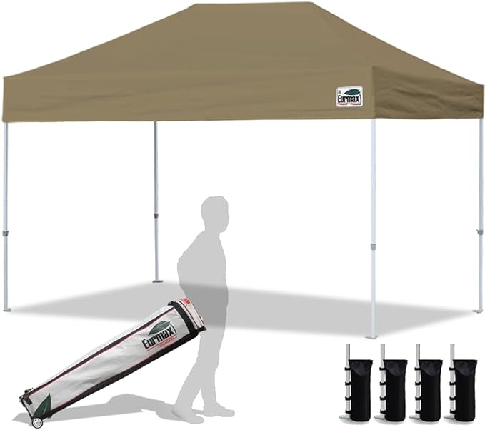 Eurmax USA 8'x12' Pop Up Canopy Tent Commercial Instant Canopies with Heavy Duty Roller Bag,Bonus 4 Sand Weights Bags (Khaki)