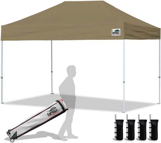 Eurmax USA 8'x12' Pop Up Canopy Tent Commercial Instant Canopies with Heavy Duty Roller Bag,Bonus 4 Sand Weights Bags (Khaki)