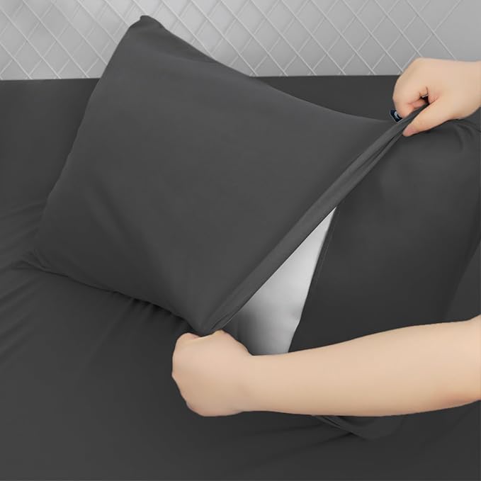 Deep Pocket Twin Sheets Set for Kids Air Mattress - Extra Deep Pocket Twin Sheet Sets - 3Pcs Side Storage Pocket Fitted Sheet & Pillowcases Easily Fits 16in to 24in Pillow Top Bed Mattress (Black)