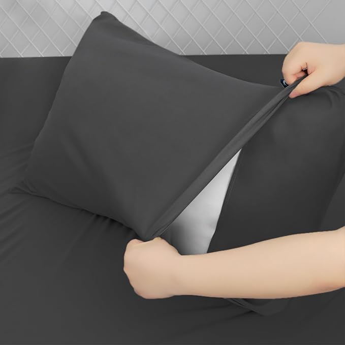 King Size Sheets Set for Air Mattress - Deep Pocket King Sheet Set - 3Pcs Side Storage Pocket Fitted Sheet & Pillowcases Easily Fits 16in to 24in Pillow Top Bed Mattress, Black