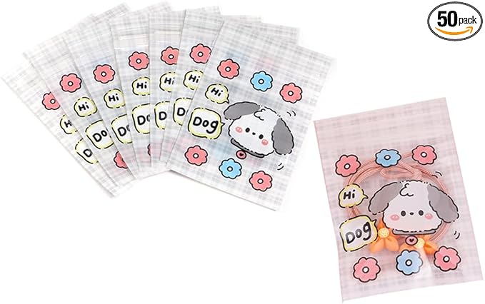 50 Pieces 7.5x11cm Small Cartoon Resealable Bags Cute PP Bag For Jewelry Packaging Bags Premium Adorable Anime Gift Bag (Grey dog)