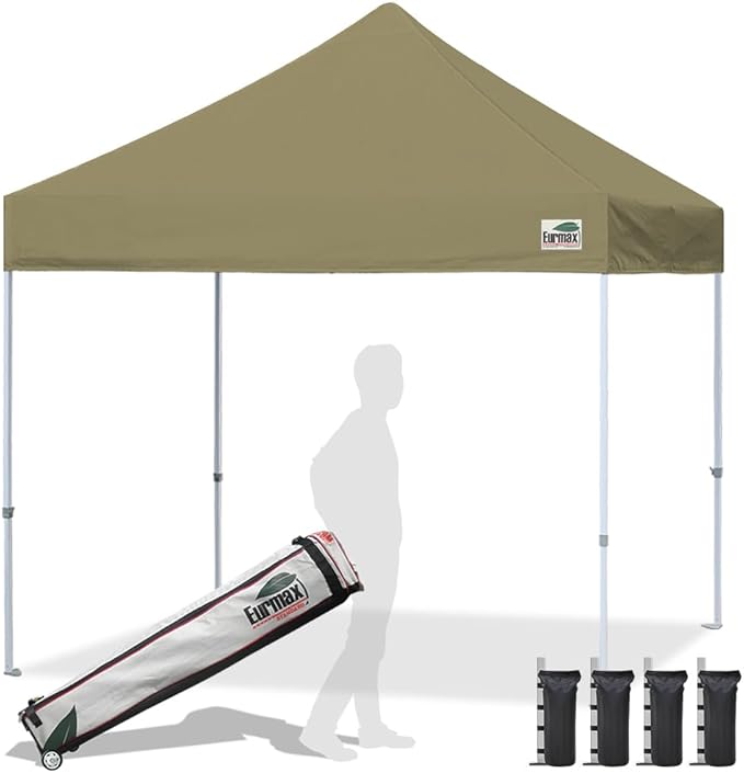 Eurmax USA Standard 10x10ft Patio Pop Up Canopy Tent for Outdoor Events Commercial Instant Canopies with Heavy Duty Roller Bag,Bonus 4 Canopy Sand Bags(Khaki)