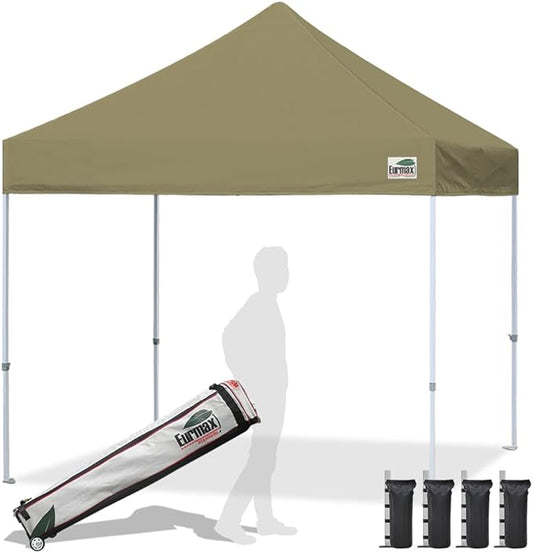 Eurmax USA Standard 10x10ft Patio Pop Up Canopy Tent for Outdoor Events Commercial Instant Canopies with Heavy Duty Roller Bag,Bonus 4 Canopy Sand Bags(Khaki)