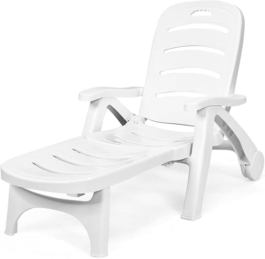 Tangkula Outdoor Chaise Lounge Chair, Adjustable 5-Position Recliner Chair with Built-in Wheels, Weather-Resistance Folding Lounge for Patio, Backyard, Poolside and Beach (1, White)