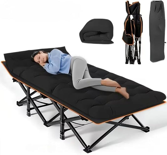 600LBS, Extra-Large Folding Outdoor Camping Bed with Mattress, Portable Folding Guest Bed, Heavy-Duty Sleeping bedwith Storage Bag, Suitable for Travel and Leisure (Black 600lbs)