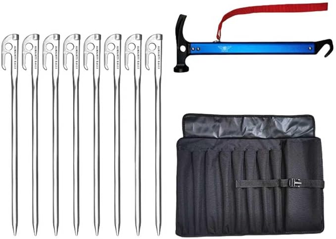 30cm Stainless Steel Tent Pegs Ground Nails Camping Hiking Metal Anchors Durable Practical Multifunctional Outdoor Use，8 Stainless Steel Ground Pegs with Mallet Hammer, Storage Bag