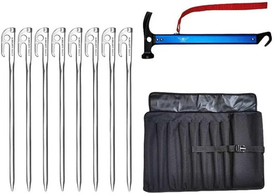 30cm Stainless Steel Tent Pegs Ground Nails Camping Hiking Metal Anchors Durable Practical Multifunctional Outdoor Use，8 Stainless Steel Ground Pegs with Mallet Hammer, Storage Bag