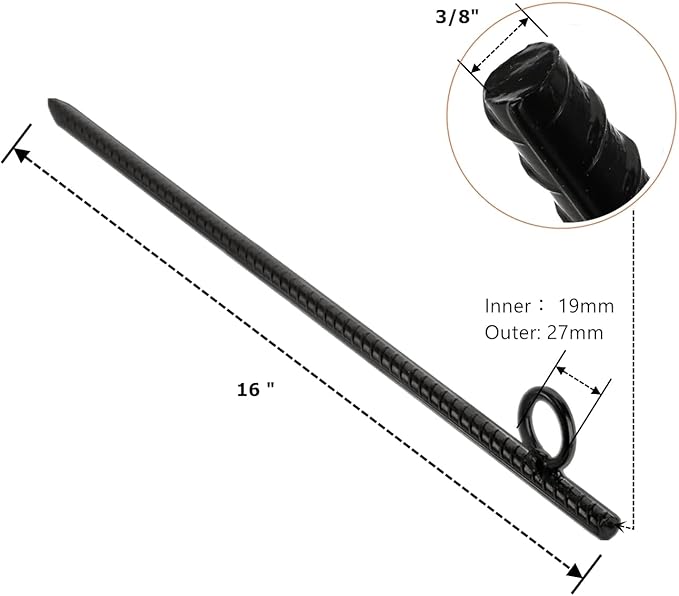 12 Pack 16 Inch Ground Stakes Heavy Duty, Black Steel Ground Anchors with Loop, Reusable Tent Rebar Tent Stakes for Sheds Outdoor Camping Walkway Fence