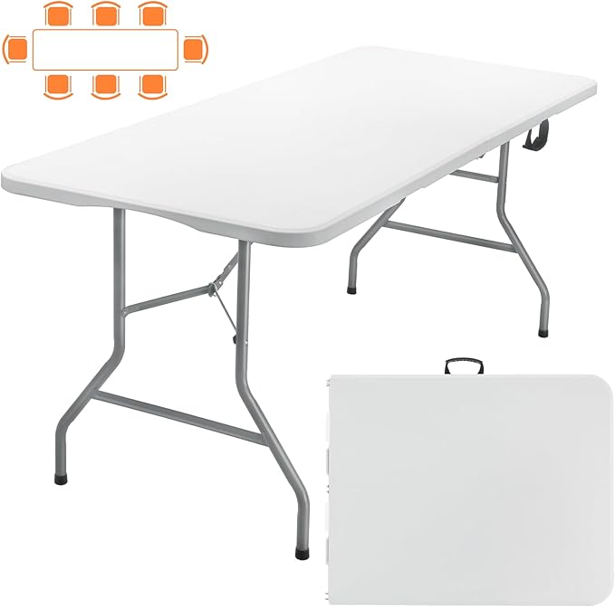 SKOK 330lbs Folding Picnic Table 6 Foot, 6FT White Plastic Picnic Table Portable with Carry Handle, White Tailgating Utility Commercial Craft Table with Heavy Duty Frame for Party
