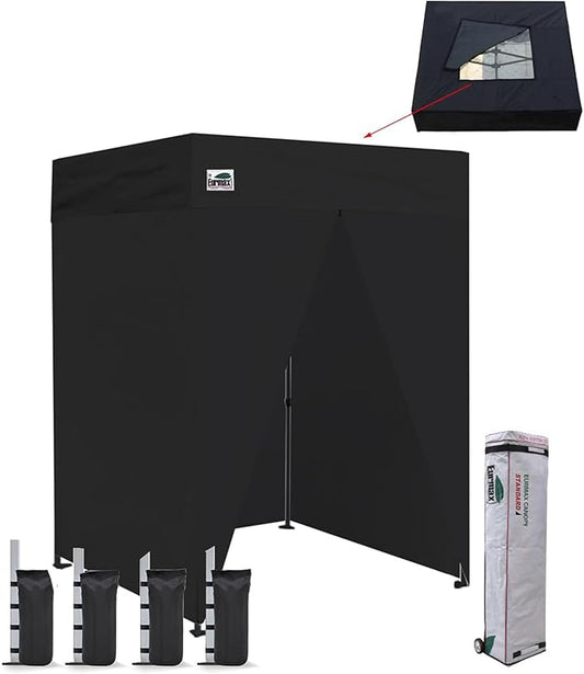 Eurmax USA 5'x5' Flat Top Pop-up Canopy Portable Photo Booth Tent for Events Wedding Photobooth for Professional Photos Photo Studio with Roller Bag，Bonus 4 SandBags (Black with Screen Window)