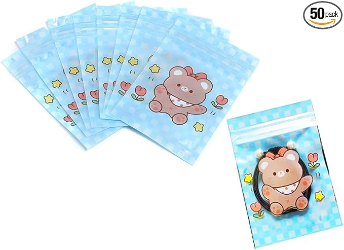 50 Pieces 7.5x11cm Small Cartoon Resealable Bags Cute PP Bag For Jewelry Packaging Bags Premium Adorable Anime Gift Bag (Blue bear)