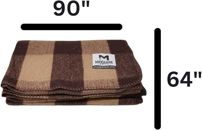 M MCGUIRE GEAR Warm Wool Bunkhouse Plaid Blanket for Camping, Home, Survival, or First Aid, 64" x 90" (Light Brown/Brown)