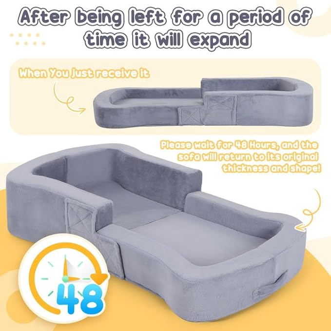 Toddler Travel Bed, 2-in-1 Foldable Portable Toddler Bed Sofa Chair, Soft Baby Kids Travel Floor Cot with Washable Covers Safety Foam Raised Bumper for Camping Hotel Sleeping (Grey)