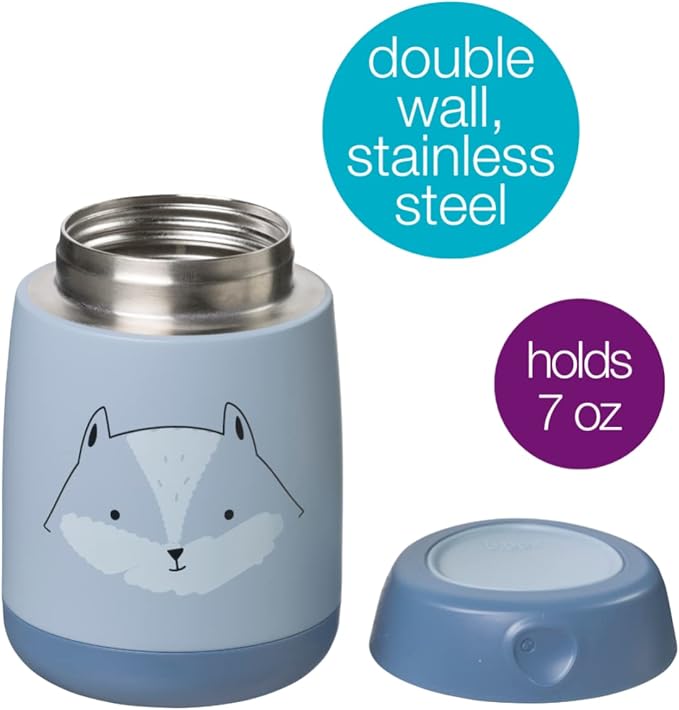 b.box Insulated Food Jar Mini | Small Snack Container for Babies and Kids | Double Wall Stainless Steel | Keeps Food Cold for 6hrs, Warm for 4hrs | (Blue Fox, 7 oz)