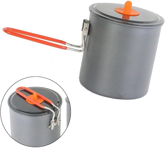 Camping Cooking Pot 1000ml Aluminum Alloy Lightweight Outdoor Milk Tea Coffee Kettle with Folding Handle for Hiking Picnic, Gray
