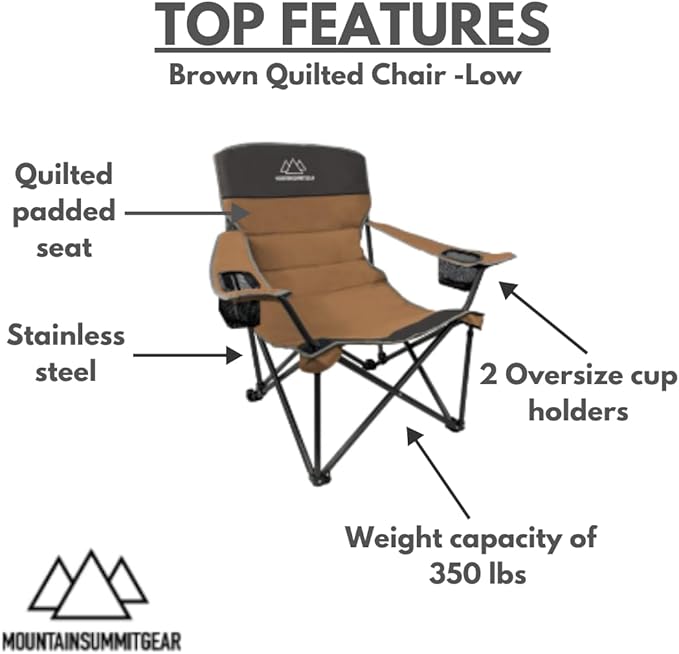 MOUNTAIN SUMMIT GEAR Quilted Low Camping Chair with Padded Seat and Back for Camping/Hiking/Backpacking Made by Caddis Sports (Low Chair (Brown))