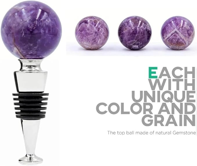 Homestia Gemstone Wine Stopper, Purple Natural Crystal Wine Bottle Stopper with Food-Grade Silicone Seal, Leak-Proof Reusable Wine Saver for Freshness, Wedding & Party Gift