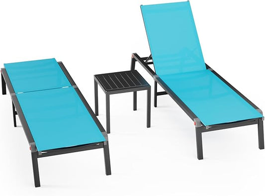 Aluminum Patio Chaise Lounge Chair Set of 2 with Side Table,5-Position Adjustable Backrest,Foldable Lounge Chair Outdoor,Pool Lounge Chairs for Poolside,Lawn,Deck,Beach (Blue, 2 Pack+Table)