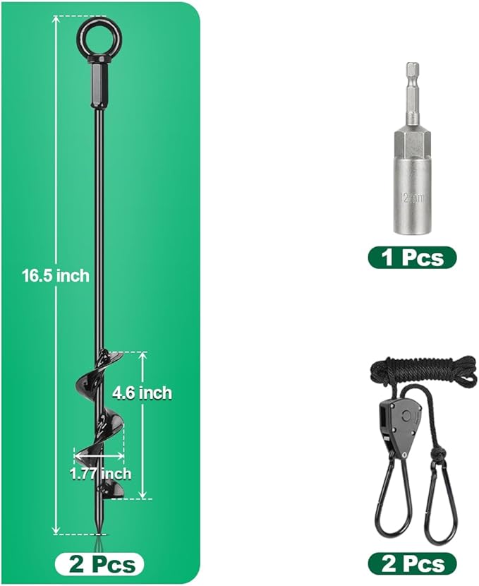 2 Pack 16" Ground Anchors Screw in, Tent Stakes Anchors with Drill, Heavy Duty Earth Anchors for Tent, Canopy, Trampoline